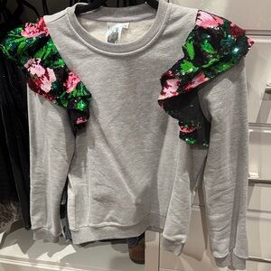 QUEEN OF SPARKLES Gray Sweatshirt with Pink and Green Sequin Ruffles
